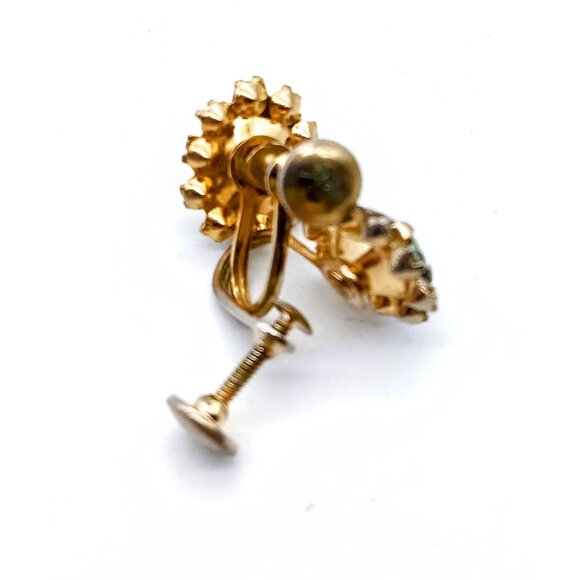 Vintage Guilloche Enamel Vargas Earrings, Gold Tone Screw Back with Pastel Flora - Picture 7 of 7